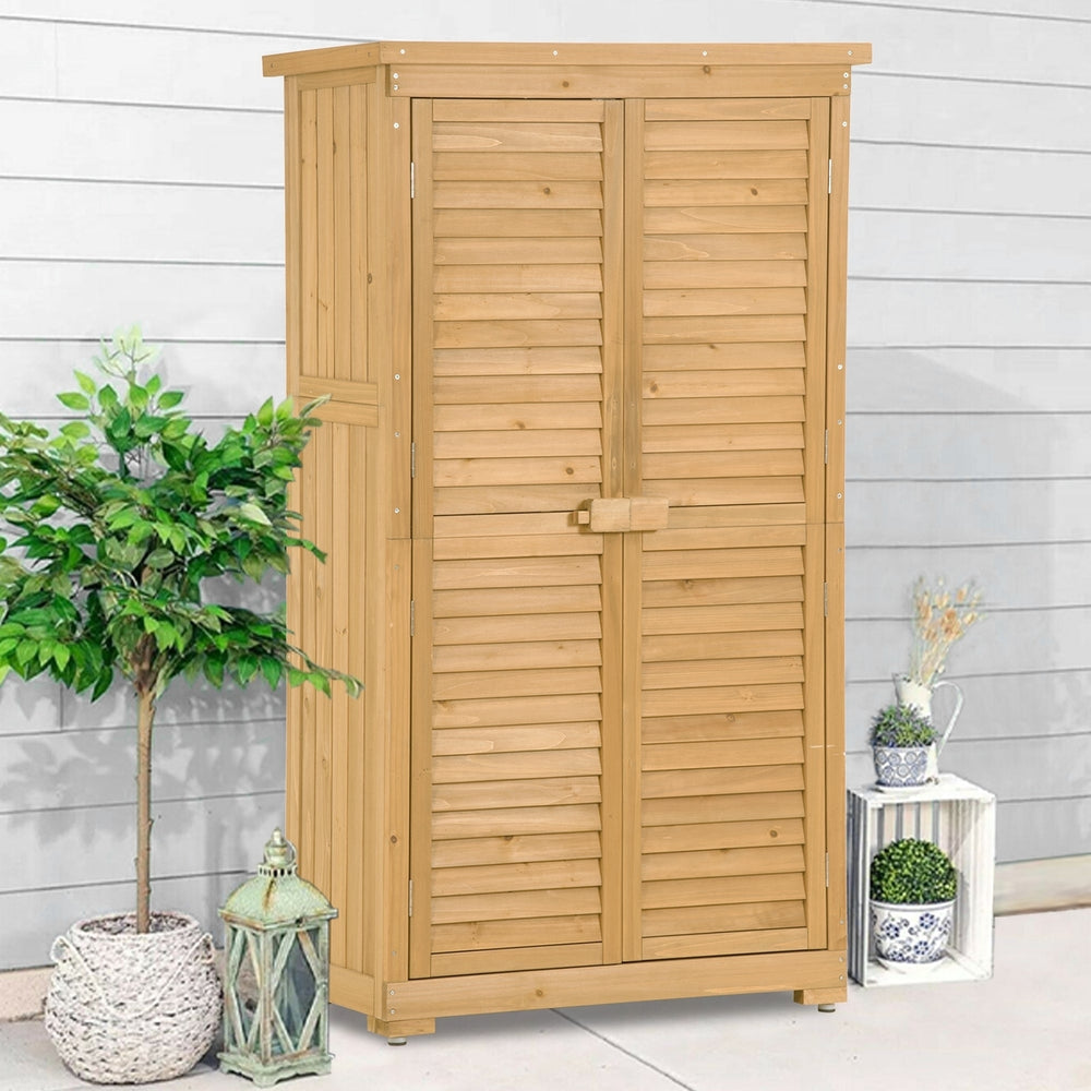 3-Tier Wooden Garden Shed - Outdoor Storage Cabinet, Patio Organizer with Natural Fir Wood, Shutter Design, Lockable Image 2