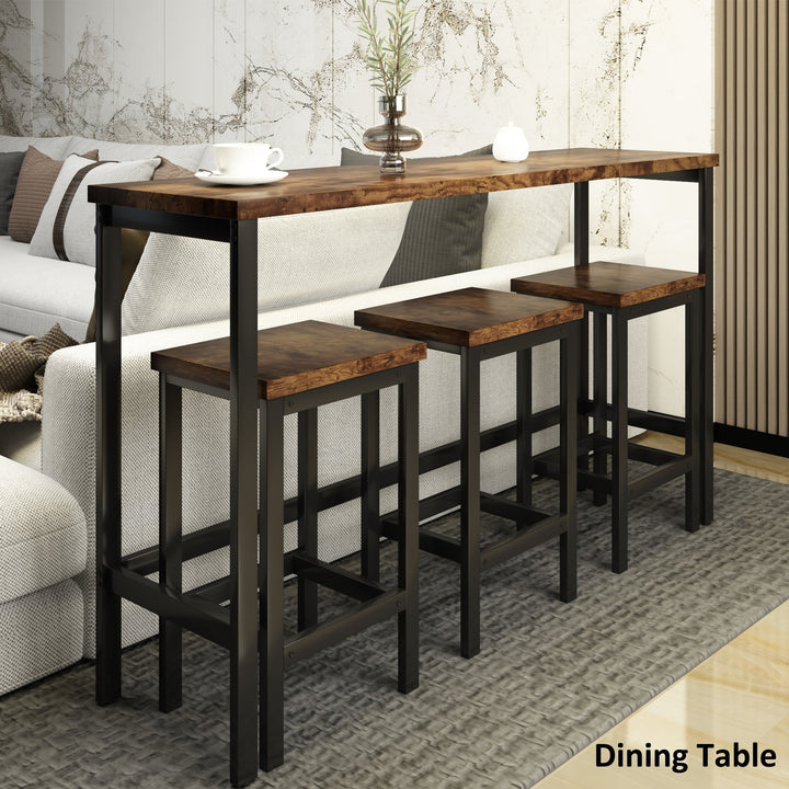 Extra Long Counter Height Dining Table Set with 3 Stools, Pub Kitchen Side Table with Footrest, Brown Finish Image 3