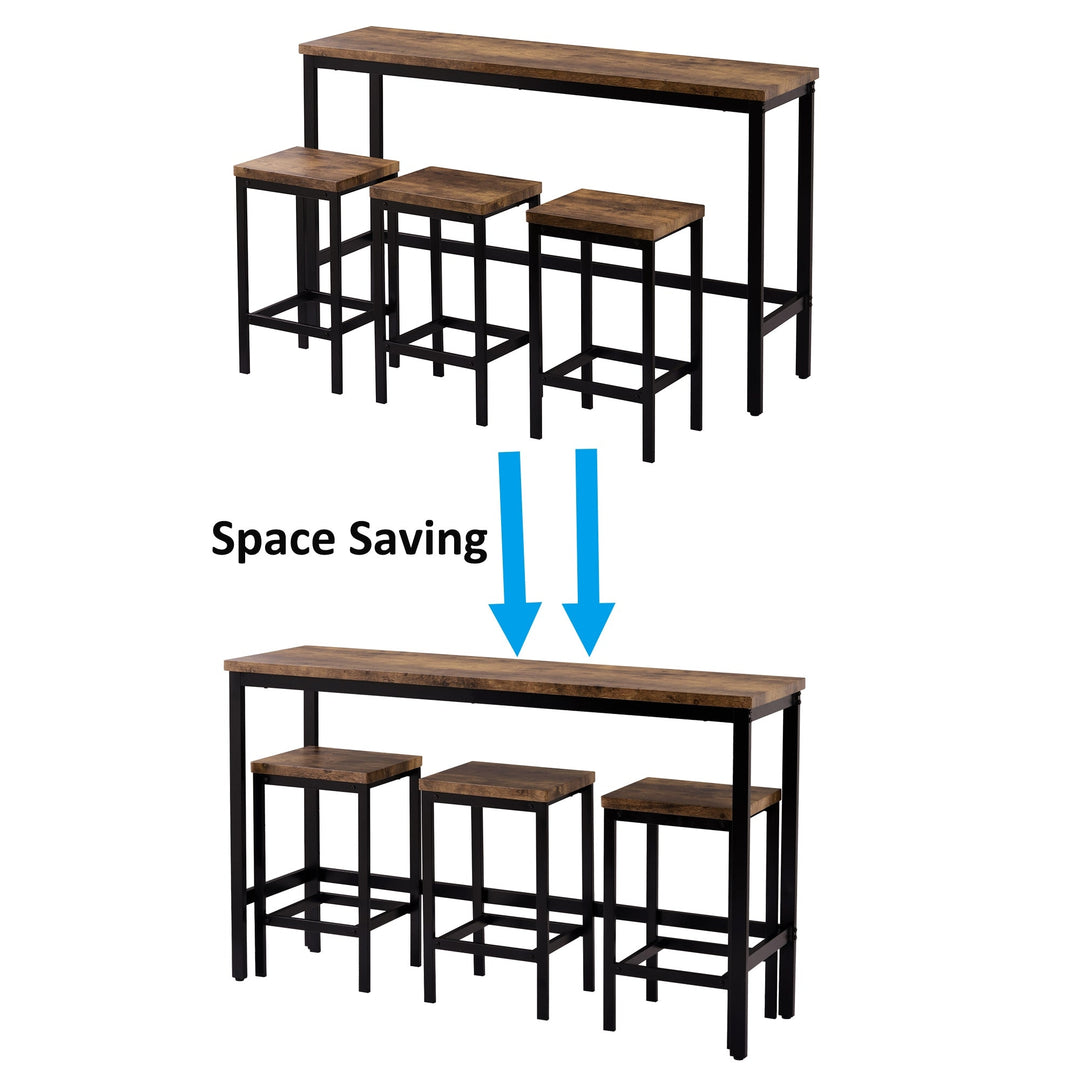 Extra Long Counter Height Dining Table Set with 3 Stools, Pub Kitchen Side Table with Footrest, Brown Finish Image 5