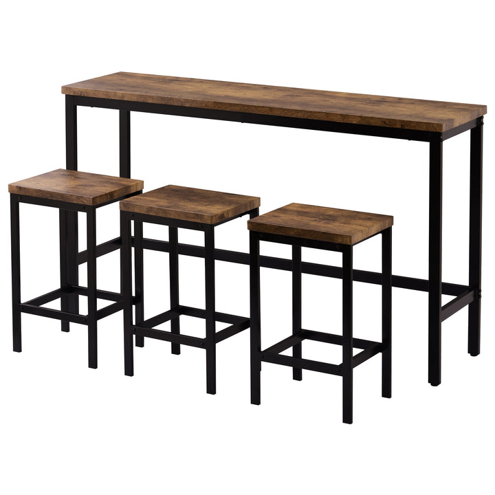 Extra Long Counter Height Dining Table Set with 3 Stools, Pub Kitchen Side Table with Footrest, Brown Finish Image 7