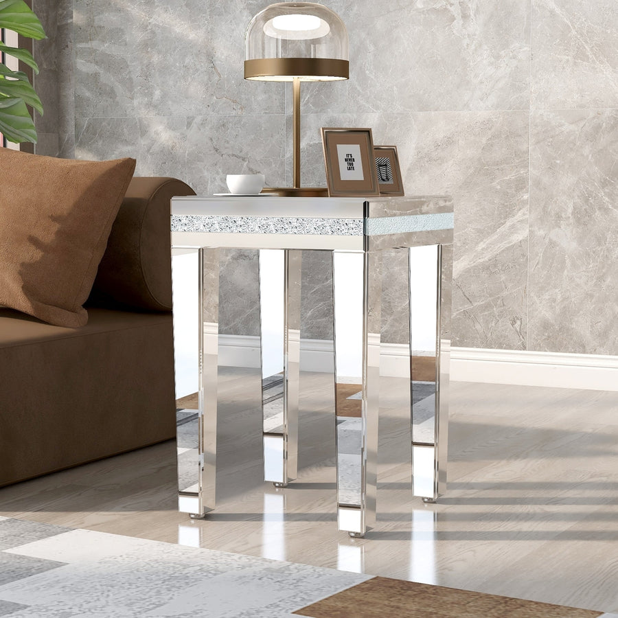 Fashionable Modern Glass Mirrored Side Table - Crystal Design, Adjustable Height Legs, Easy Assembly End Table - Silver Image 1