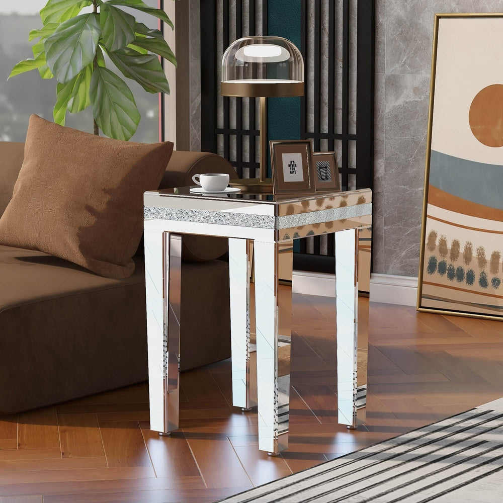 Fashionable Modern Glass Mirrored Side Table - Crystal Design, Adjustable Height Legs, Easy Assembly End Table - Silver Image 2