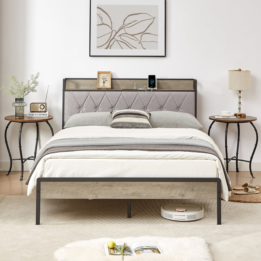 Full Size Bed Frame with Charging Station, Grey - 83.1 L x 56.1 W x 39.2 H, Stylish Design and Functional Storage Image 1