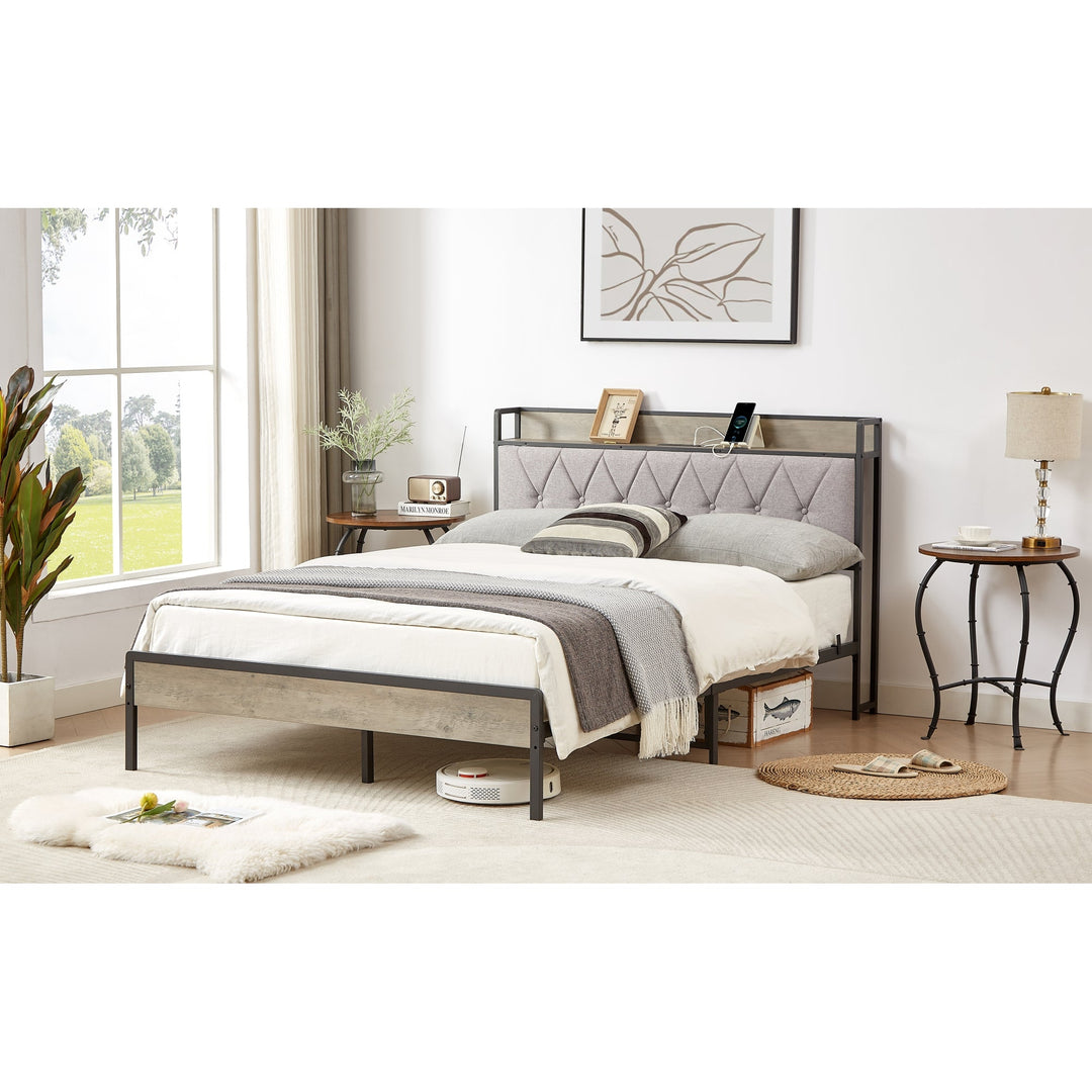 Full Size Bed Frame with Charging Station, Grey - 83.1 L x 56.1 W x 39.2 H, Stylish Design and Functional Storage Image 4