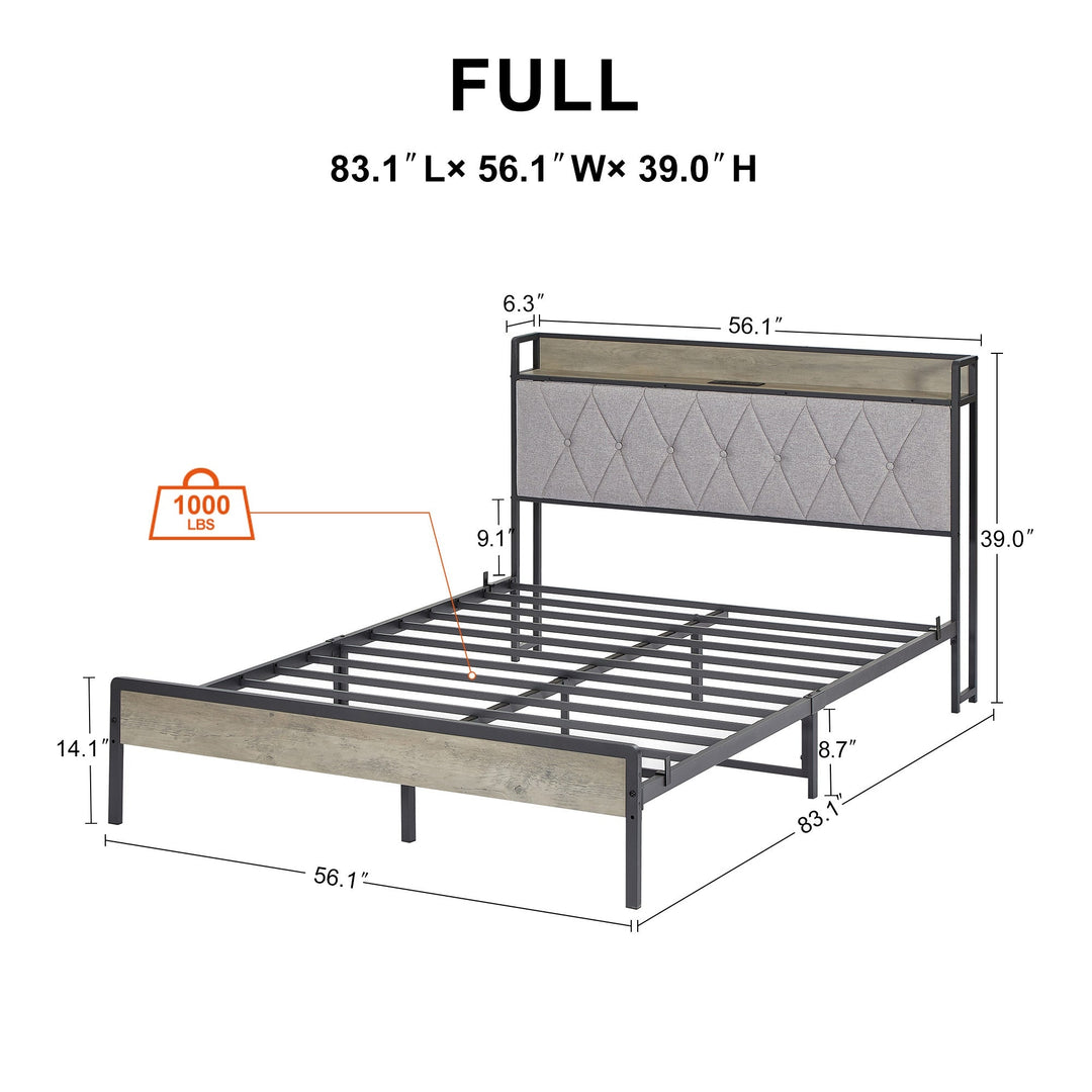 Full Size Bed Frame with Charging Station, Grey - 83.1 L x 56.1 W x 39.2 H, Stylish Design and Functional Storage Image 5