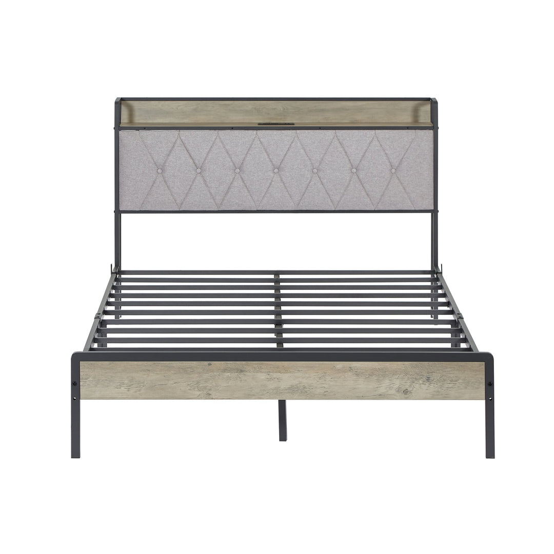 Full Size Bed Frame with Charging Station, Grey - 83.1 L x 56.1 W x 39.2 H, Stylish Design and Functional Storage Image 6