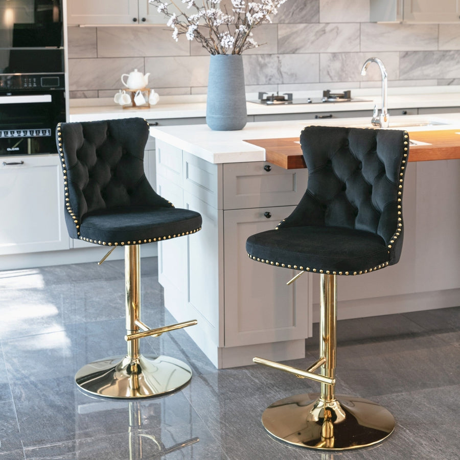 Adjustable Velvet Bar Stools with Backs - Modern Comfortable Tufted Swivel Design, Seat Height 25-33 Inch, Set of 2 for Image 1