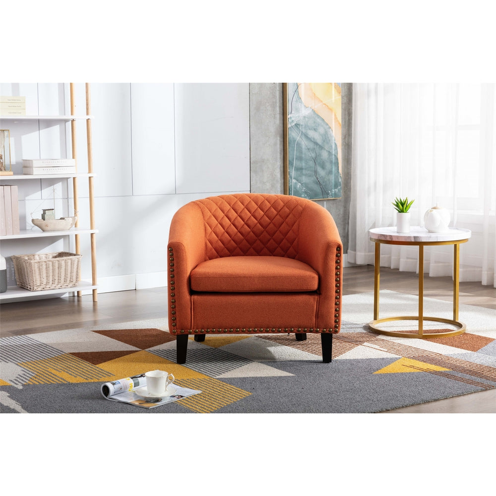 Barrel Chair with Soft Padded Armrest and Solid Wood Legs for Living Room Bedroom Waiting Room Orange Linen Image 2