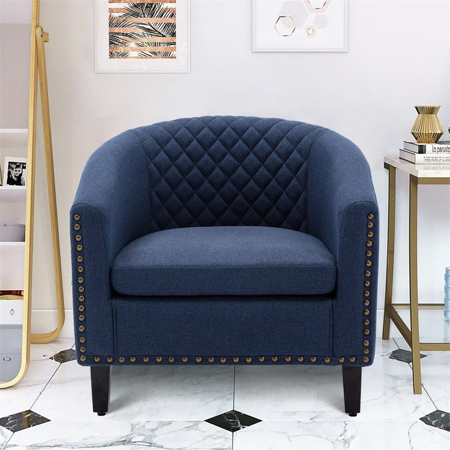 Barrel Chair with Soft Padded Armrest for Living Room Bedroom Waiting Room Navy Linen Image 1