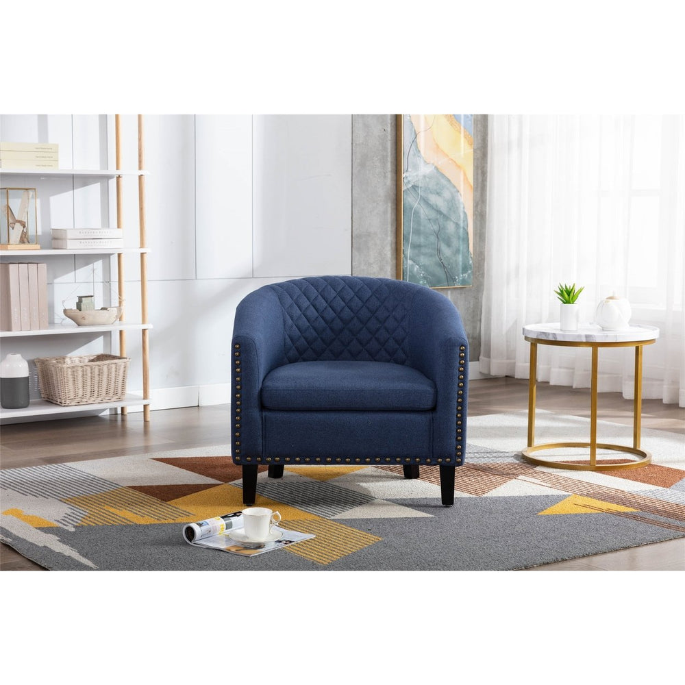 Barrel Chair with Soft Padded Armrest for Living Room Bedroom Waiting Room Navy Linen Image 2