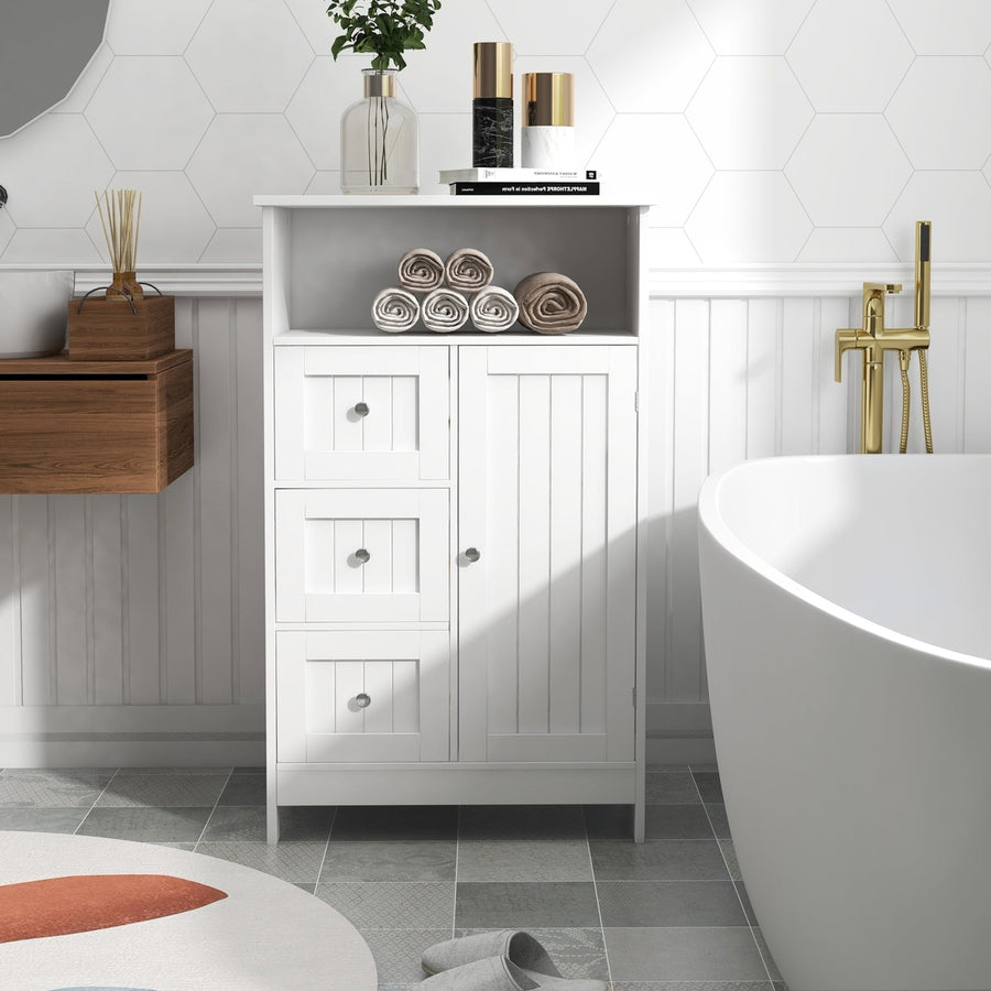 Bathroom Standing Storage Cabinet with 3 Drawers and 1 Door - Elegant White Organizing Solution Image 1