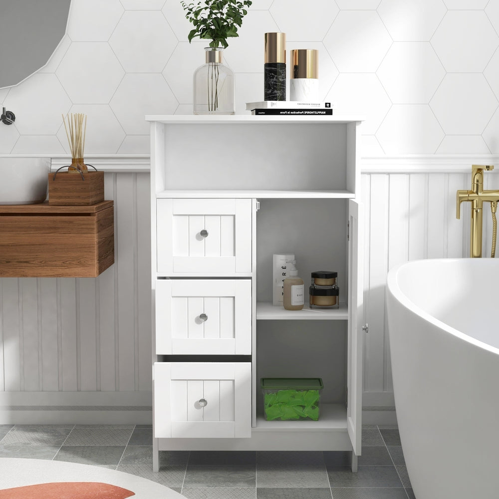 Bathroom Standing Storage Cabinet with 3 Drawers and 1 Door - Elegant White Organizing Solution Image 2