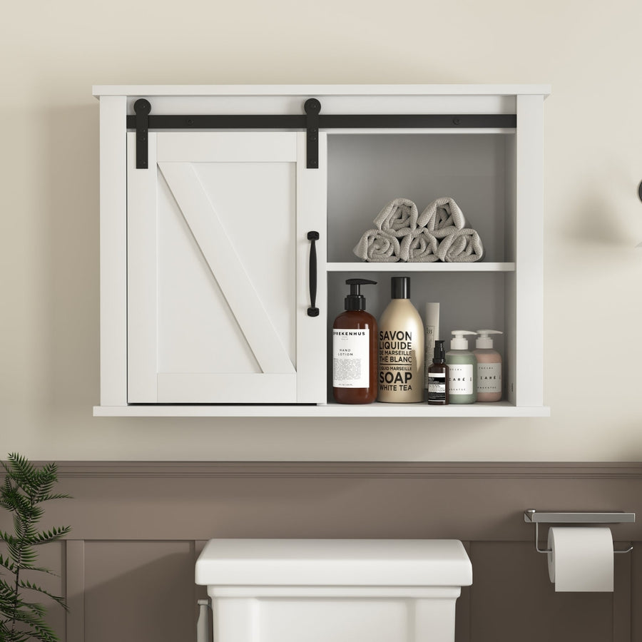 Bathroom Wall Cabinet with Barn Door, Wooden Storage Cabinet with 2 Adjustable Shelves - 27.16 x 7.8 x 19.68 Inch Image 1