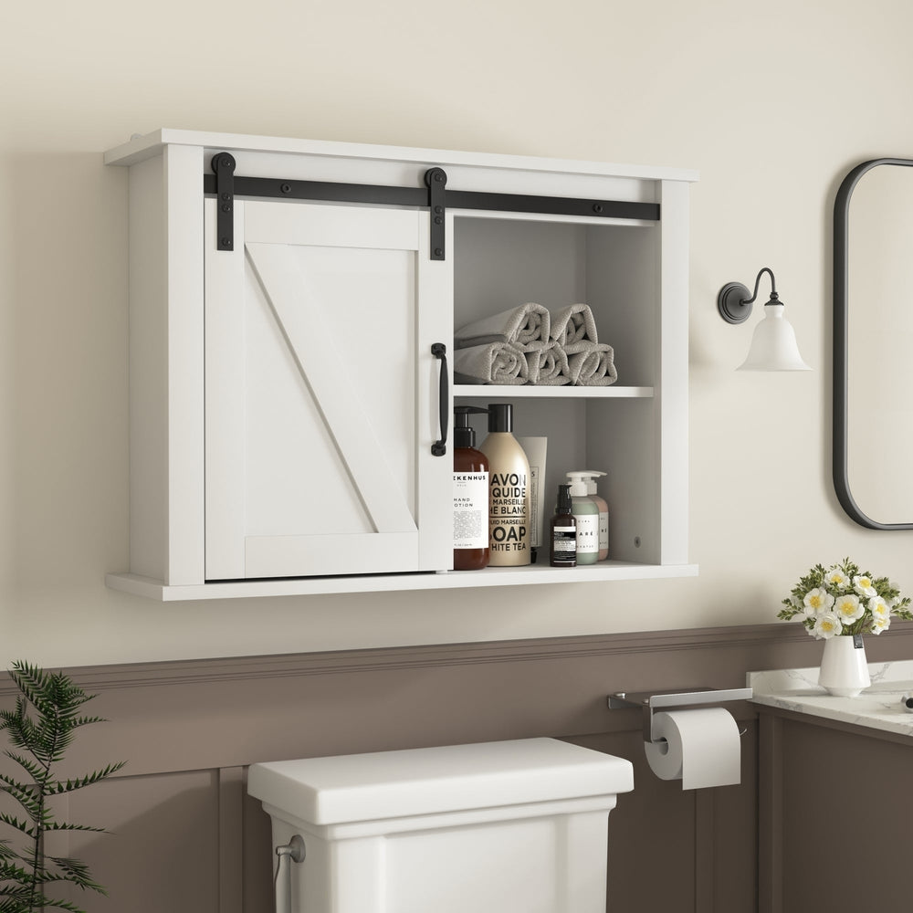 Bathroom Wall Cabinet with Barn Door, Wooden Storage Cabinet with 2 Adjustable Shelves - 27.16 x 7.8 x 19.68 Inch Image 2