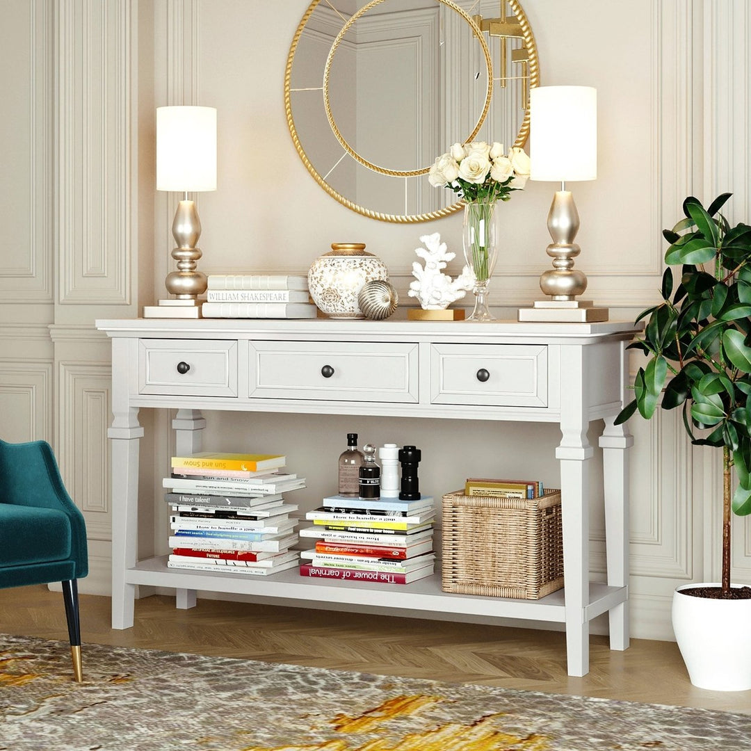 Classic Retro Console Table with 3 Drawers and Open Bottom Shelf, Antique White - Easy Assembly Image 1