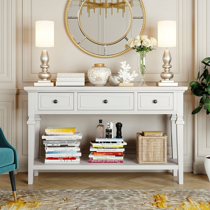 Classic Retro Console Table with 3 Drawers and Open Bottom Shelf, Antique White - Easy Assembly Image 2