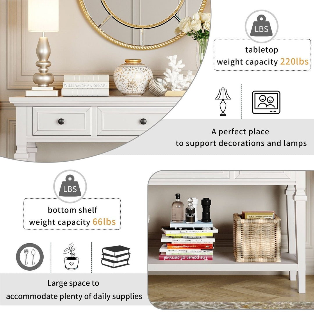 Classic Retro Console Table with 3 Drawers and Open Bottom Shelf, Antique White - Easy Assembly Image 7