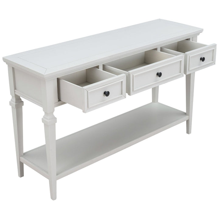 Classic Retro Console Table with 3 Drawers and Open Bottom Shelf, Antique White - Easy Assembly Image 8