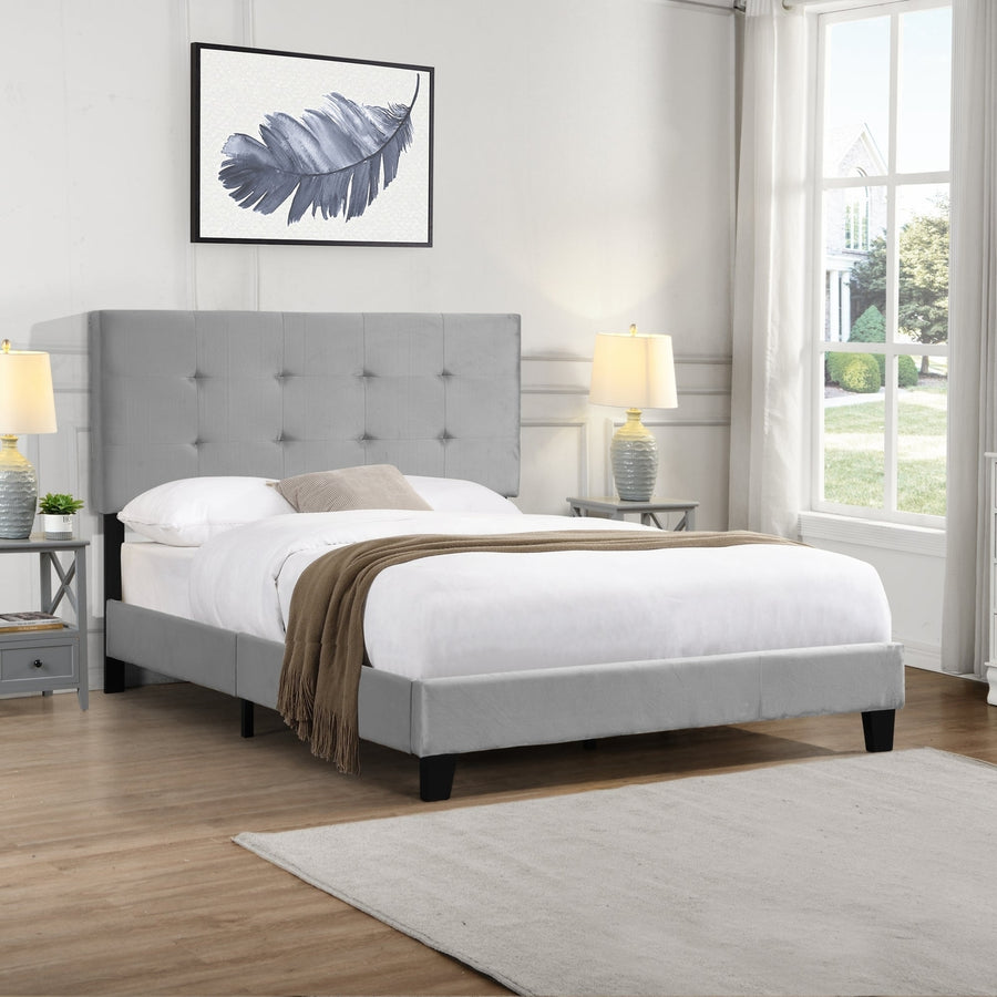 Full Size Upholstered Platform Bed Frame with Tufted Headboard, Wood Slat Support, No Box Spring Needed, Easy Assembly, Image 1