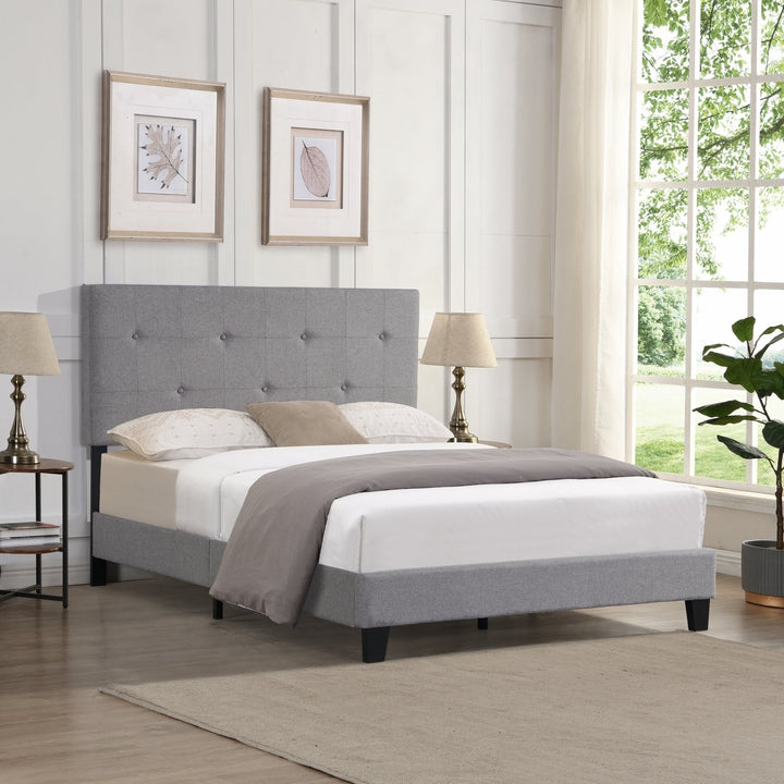 Full Size Upholstered Platform Bed Frame, Modern Button Tufted Linen Headboard, No Box Spring Needed, Wood Slat Support, Image 1