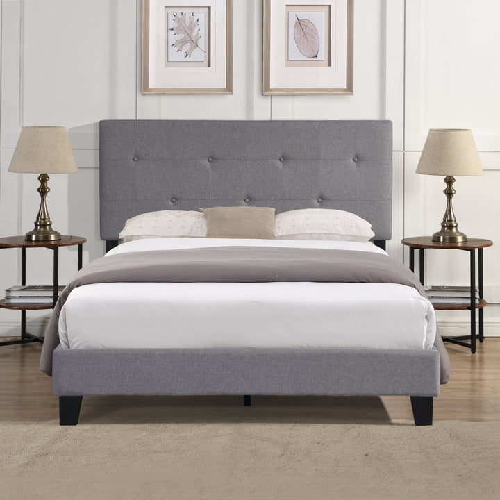 Full Size Upholstered Platform Bed Frame, Modern Button Tufted Linen Headboard, No Box Spring Needed, Wood Slat Support, Image 4