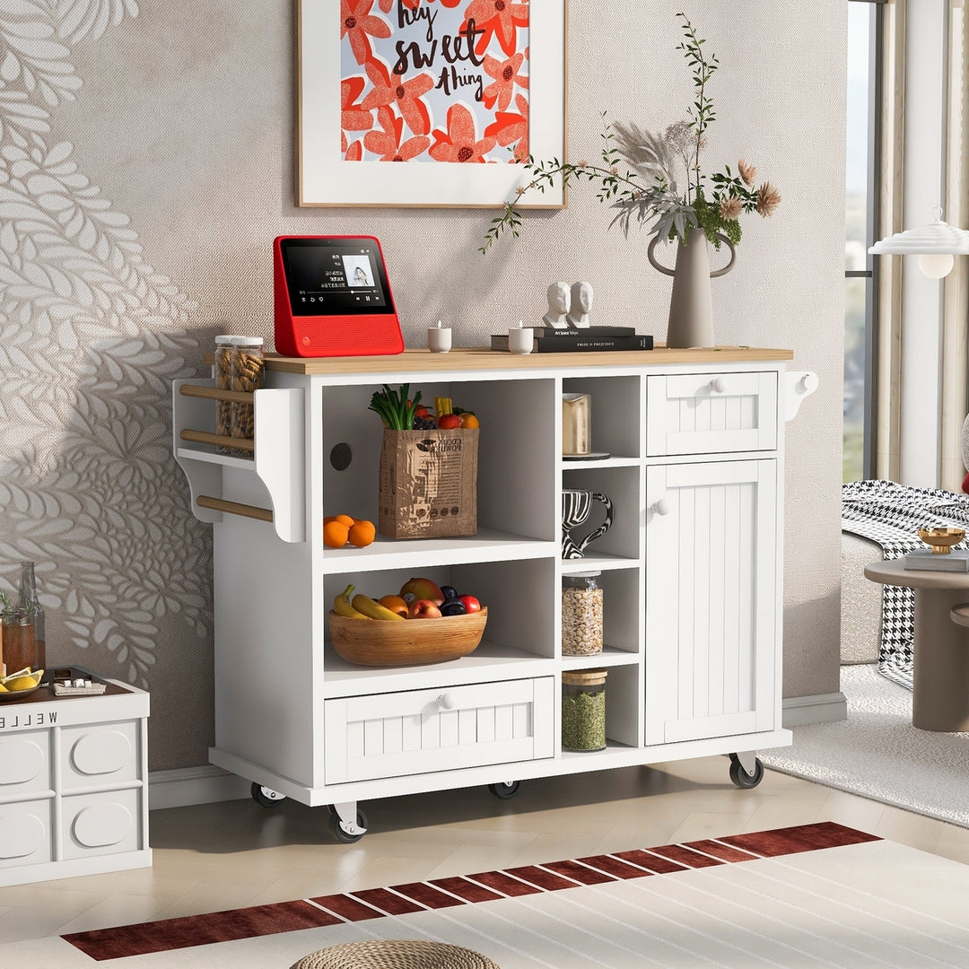 Kitchen Island Cart with Storage Cabinet and Locking Wheels, Solid Wood Top, Microwave Stand, Floor Standing Buffet Image 1