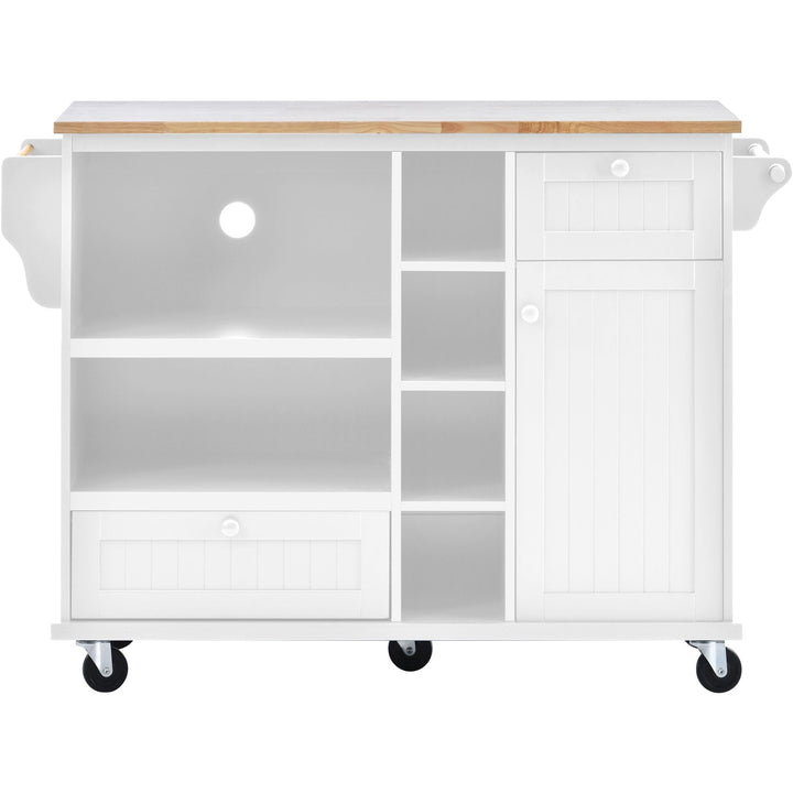 Kitchen Island Cart with Storage Cabinet and Locking Wheels, Solid Wood Top, Microwave Stand, Floor Standing Buffet Image 6