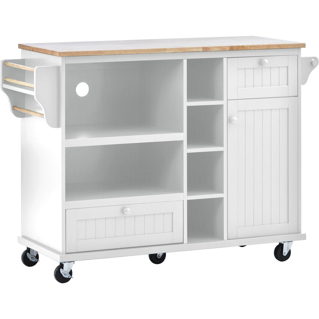 Kitchen Island Cart with Storage Cabinet and Locking Wheels, Solid Wood Top, Microwave Stand, Floor Standing Buffet Image 7