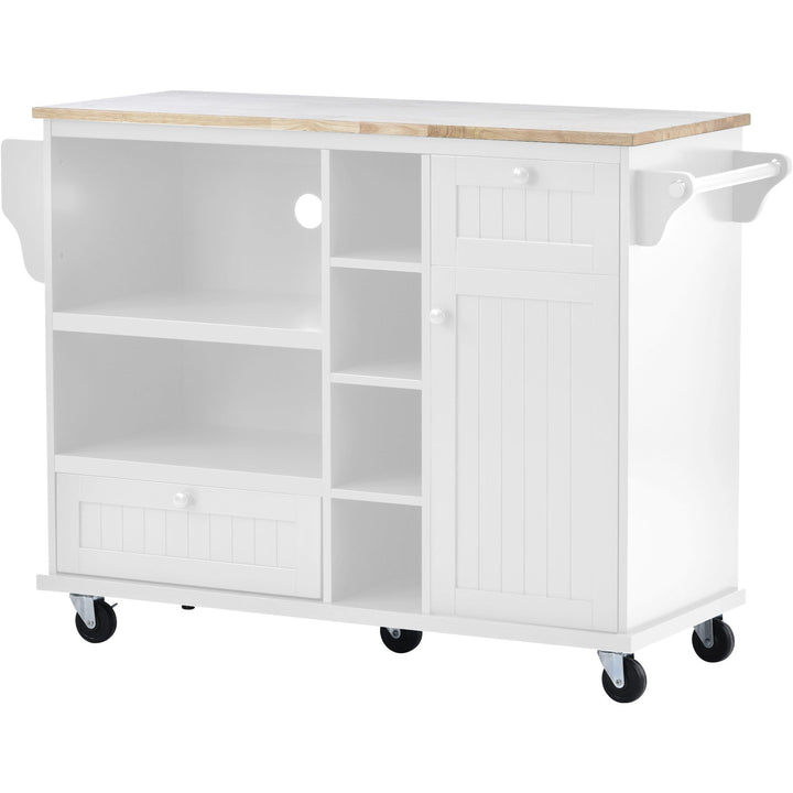 Kitchen Island Cart with Storage Cabinet and Locking Wheels, Solid Wood Top, Microwave Stand, Floor Standing Buffet Image 9