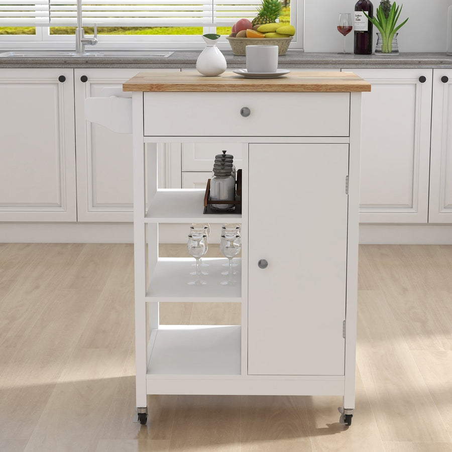 Kitchen Island Rolling Trolley Cart with Adjustable Shelves, Towel Rack and Rubber Wood Table Top - Versatile Storage Image 1