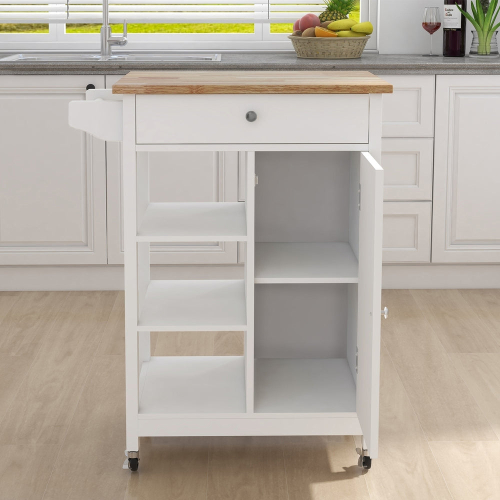 Kitchen Island Rolling Trolley Cart with Adjustable Shelves, Towel Rack and Rubber Wood Table Top - Versatile Storage Image 2