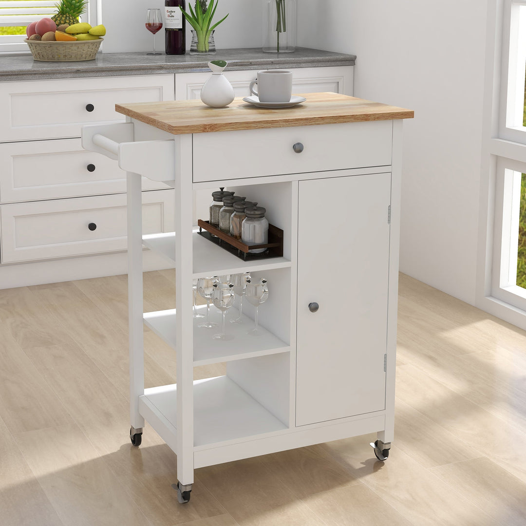 Kitchen Island Rolling Trolley Cart with Adjustable Shelves, Towel Rack and Rubber Wood Table Top - Versatile Storage Image 3