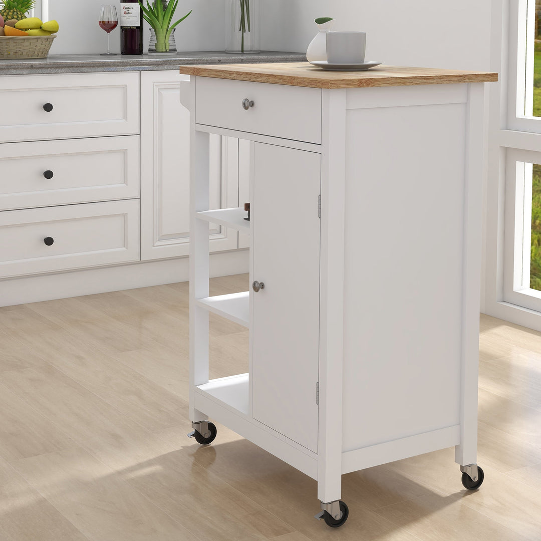 Kitchen Island Rolling Trolley Cart with Adjustable Shelves, Towel Rack and Rubber Wood Table Top - Versatile Storage Image 5