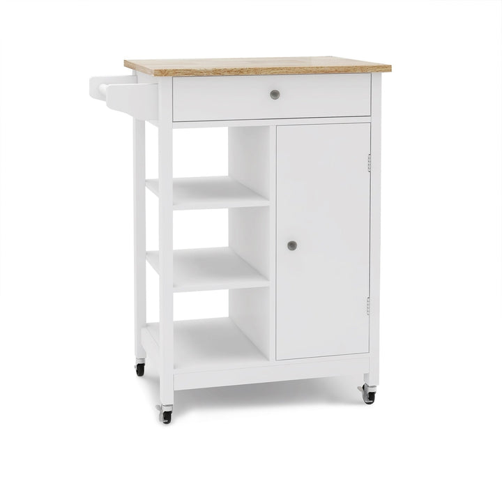 Kitchen Island Rolling Trolley Cart with Adjustable Shelves, Towel Rack and Rubber Wood Table Top - Versatile Storage Image 9