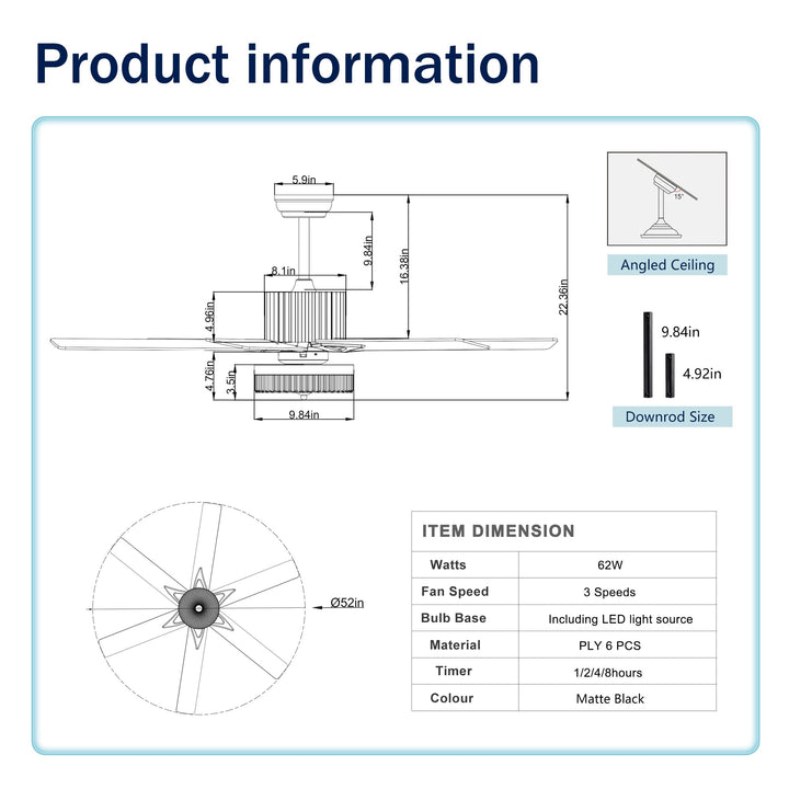 52 Inch Modern LED Ceiling Fan with Light, Remote Control, Reversible 6 Blades and Motor, Matte Black Finish Image 8