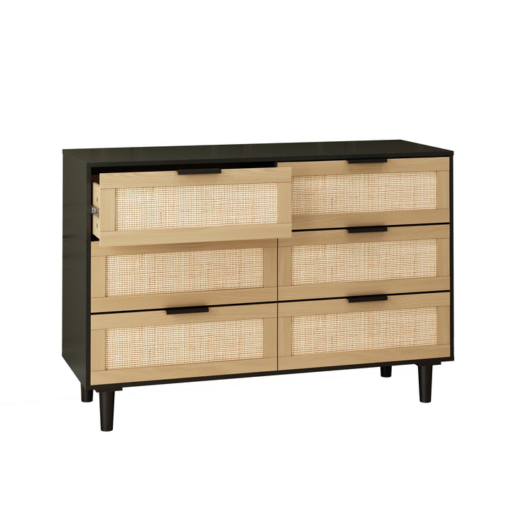 6-Drawer Rattan Dresser for Bedroom or Living Room - Stylish Storage Solution in Black Image 3