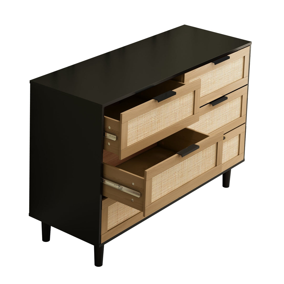 6-Drawer Rattan Dresser for Bedroom or Living Room - Stylish Storage Solution in Black Image 5