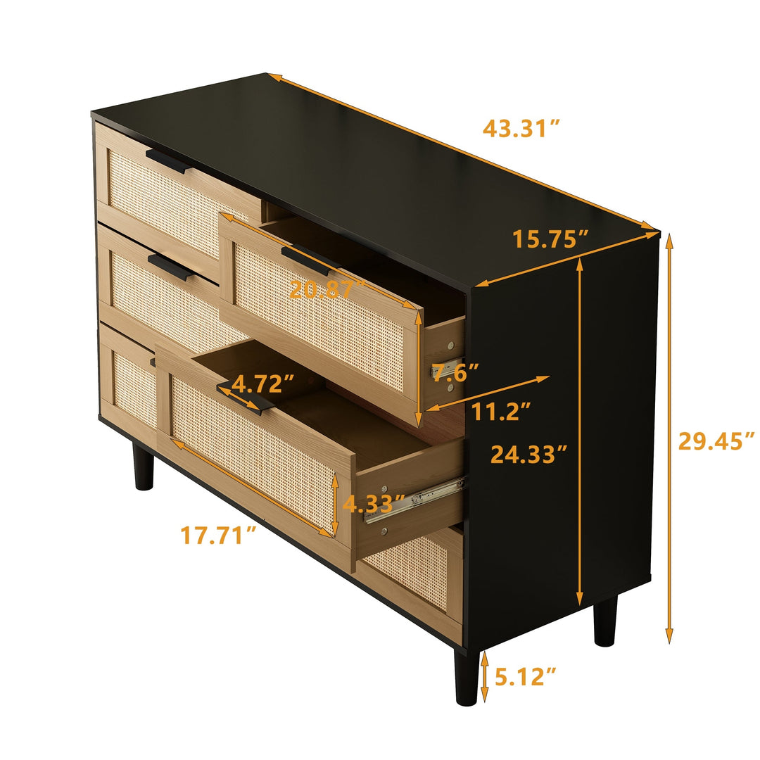 6-Drawer Rattan Dresser for Bedroom or Living Room - Stylish Storage Solution in Black Image 6