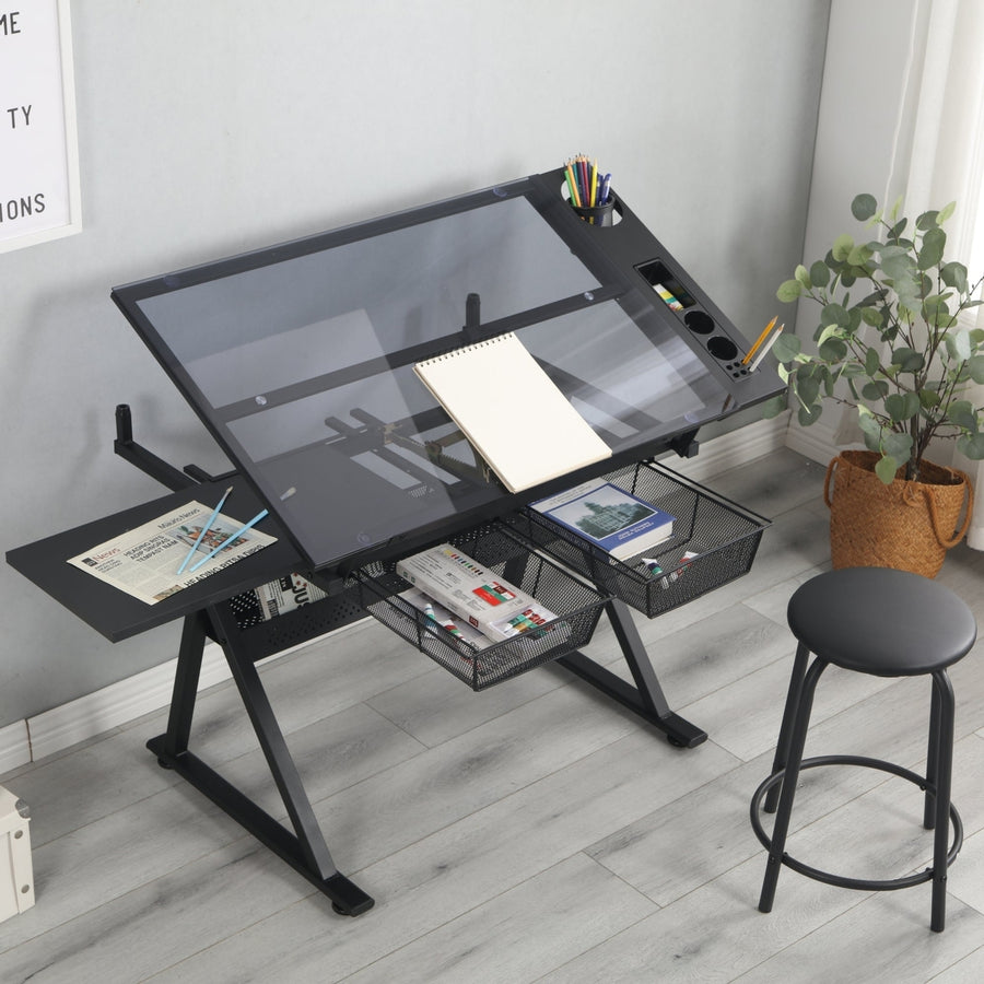 Adjustable Black Tempered Glass Drafting Table with Chair - Perfect for Printing and Creative Work Image 1