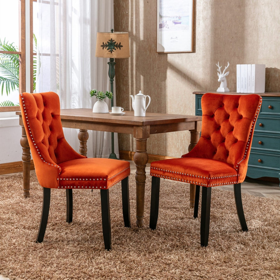 Modern High-End Tufted Velvet Dining Chairs with Solid Wood Legs and Nailhead Trim - 2-Piece Set, Orange Image 1