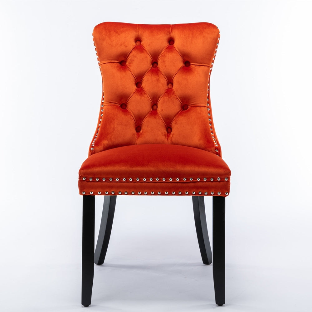 Modern High-End Tufted Velvet Dining Chairs with Solid Wood Legs and Nailhead Trim - 2-Piece Set, Orange Image 2