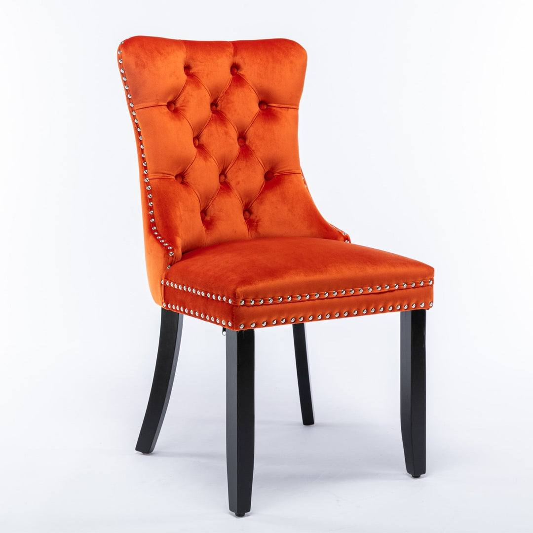 Modern High-End Tufted Velvet Dining Chairs with Solid Wood Legs and Nailhead Trim - 2-Piece Set, Orange Image 3