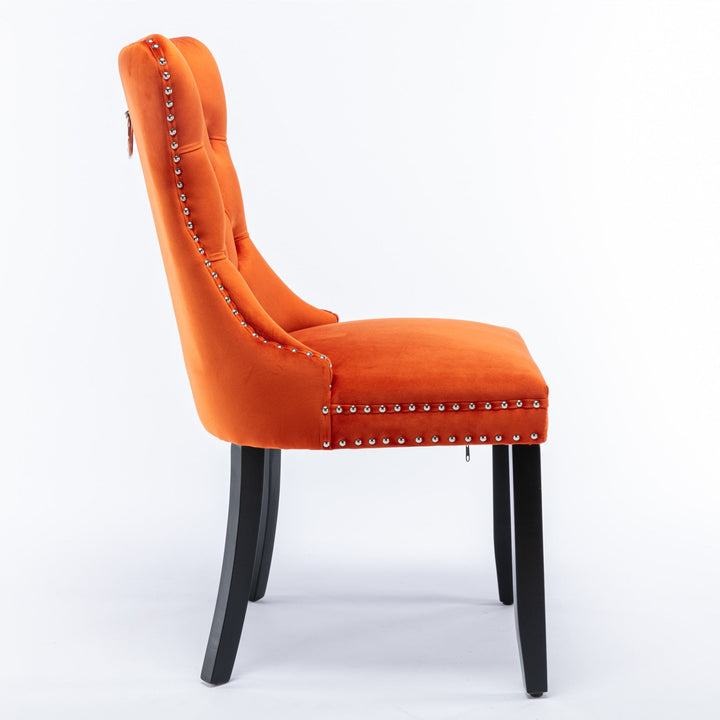 Modern High-End Tufted Velvet Dining Chairs with Solid Wood Legs and Nailhead Trim - 2-Piece Set, Orange Image 4