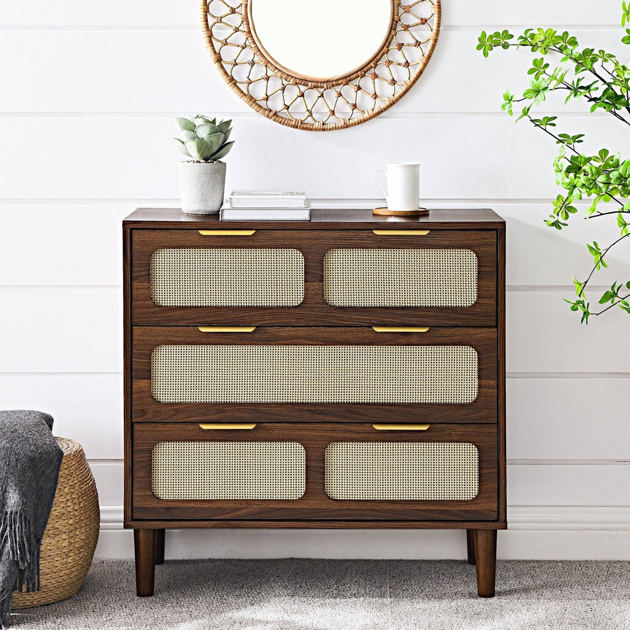 Modern Rattan 3 Drawer Dresser Cabinet with Wide Drawers and Metal Handles for Living Room Hallway Office Storage Image 1