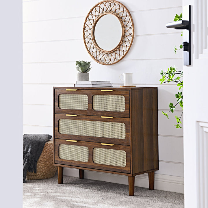 Modern Rattan 3 Drawer Dresser Cabinet with Wide Drawers and Metal Handles for Living Room Hallway Office Storage Image 2