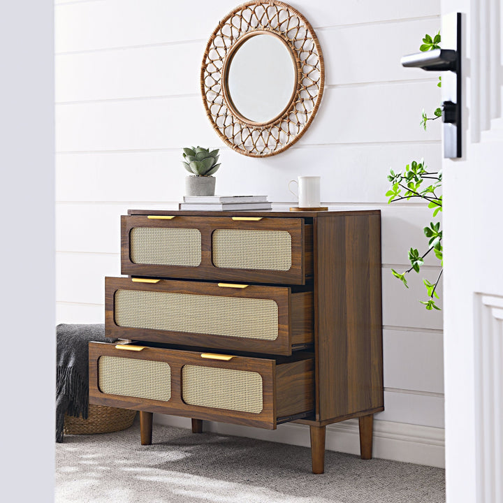 Modern Rattan 3 Drawer Dresser Cabinet with Wide Drawers and Metal Handles for Living Room Hallway Office Storage Image 3