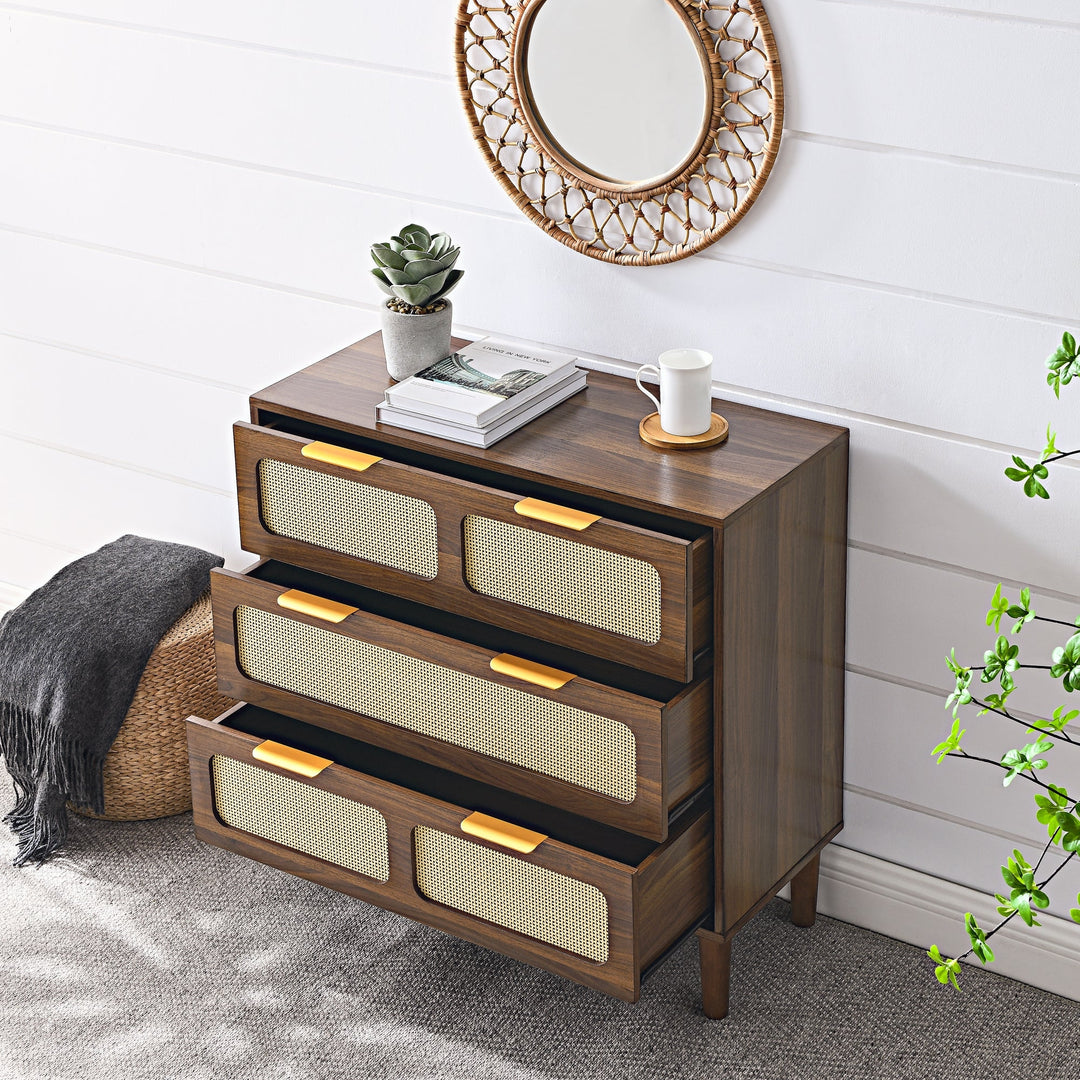 Modern Rattan 3 Drawer Dresser Cabinet with Wide Drawers and Metal Handles for Living Room Hallway Office Storage Image 4