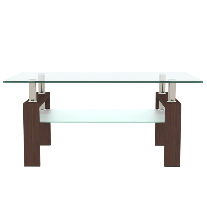 Modern Rectangle Walnut Glass Coffee Table - Stylish Clear Center Table for Living Room Furniture Image 4