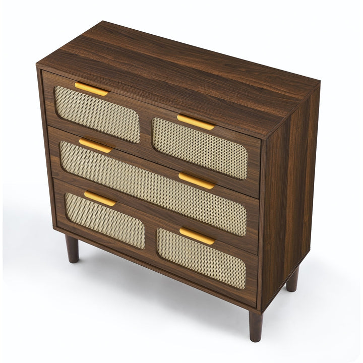 Modern Rattan 3 Drawer Dresser Cabinet with Wide Drawers and Metal Handles for Living Room Hallway Office Storage Image 10