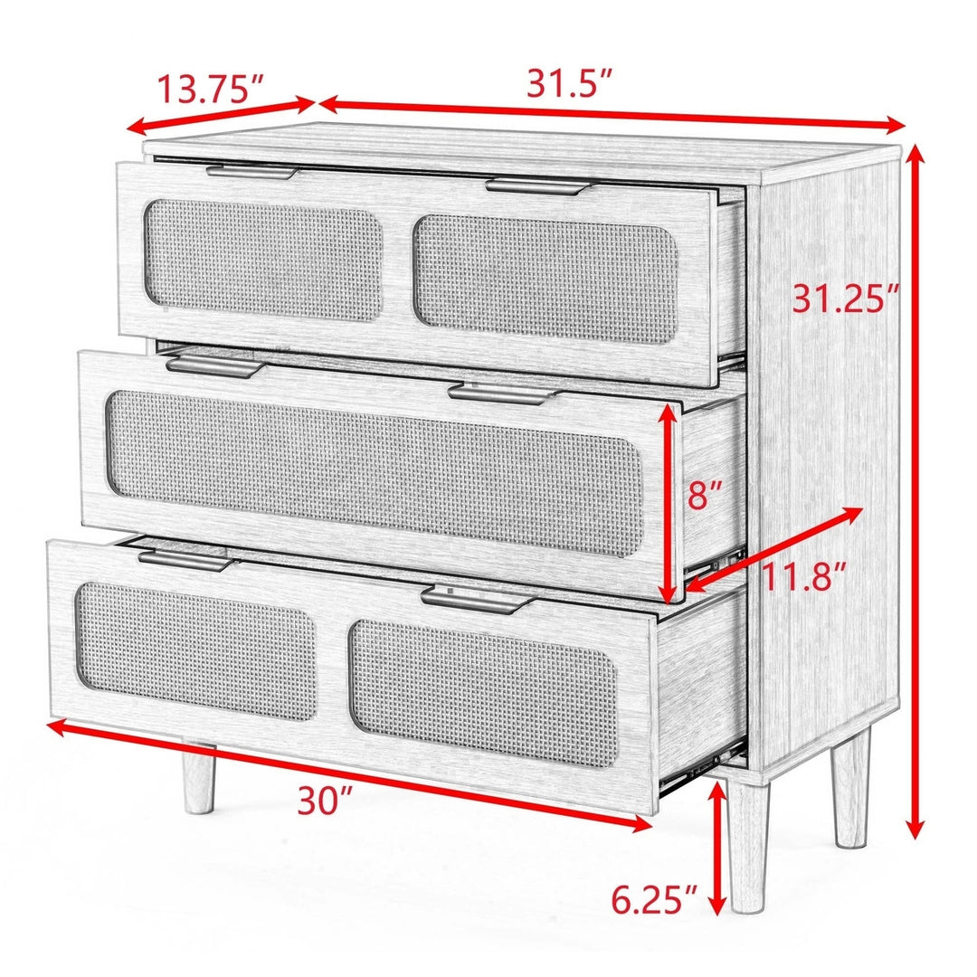 Modern Rattan 3 Drawer Dresser Cabinet with Wide Drawers and Metal Handles for Living Room Hallway Office Storage Image 12